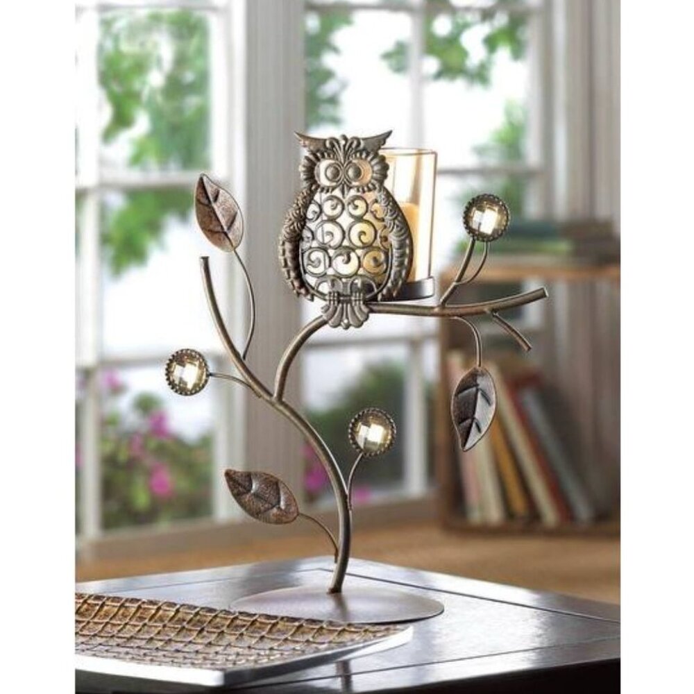 Wise Owl Votive Candleholder Iron and Glass